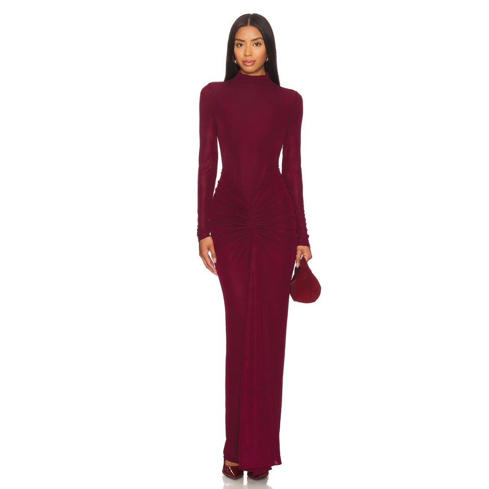 Ronny Kobo Scorpio Maxi Dress Burgundy Jersey Ruched Long Sleeve Gown Sz L